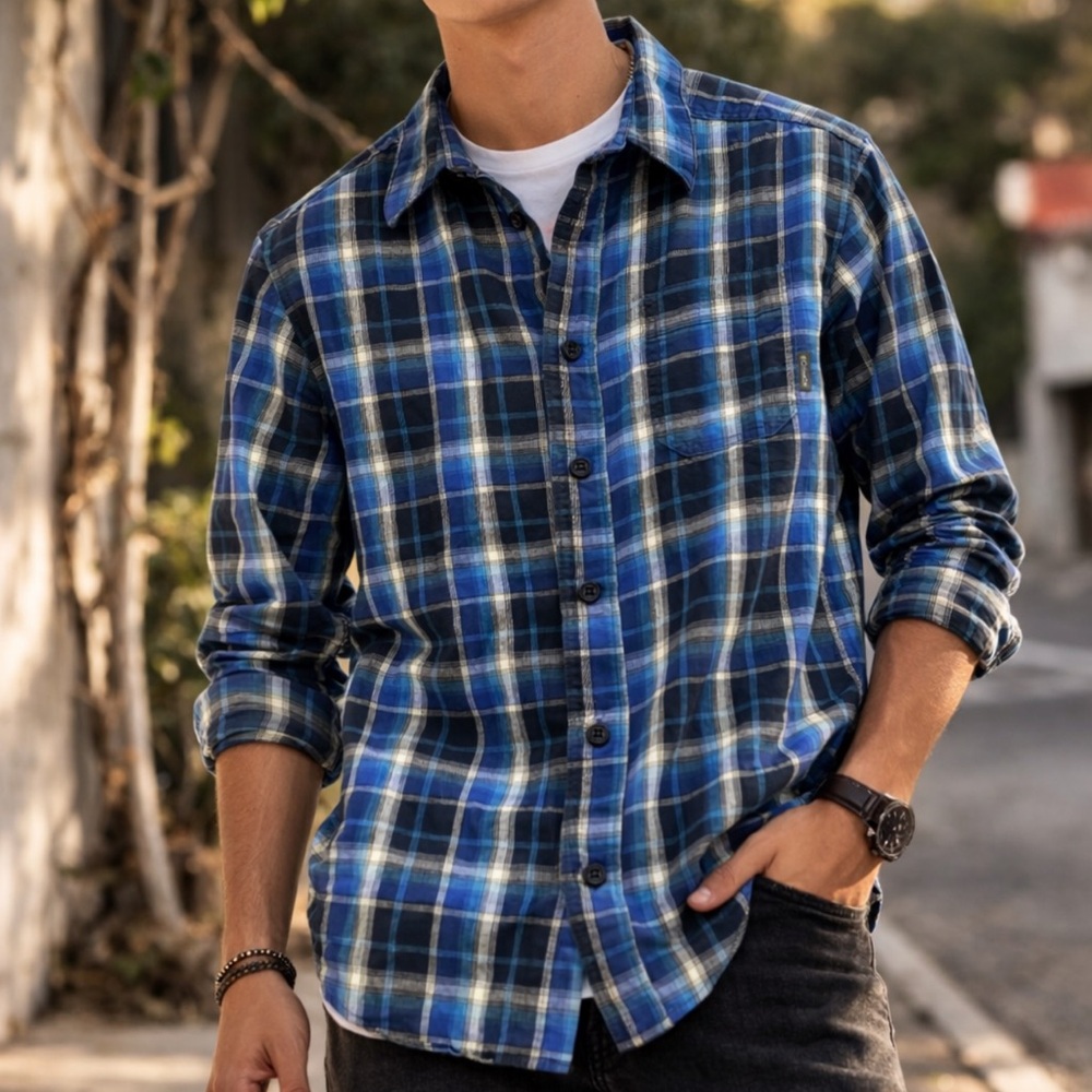 Columbia Men's Navy and White Plaid Shirt